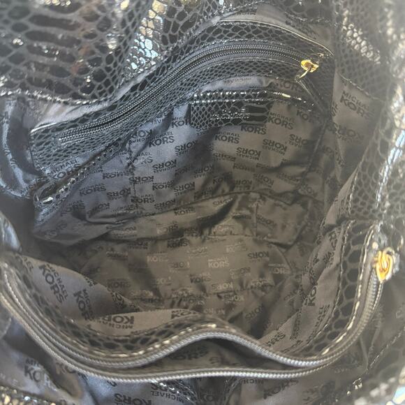 MICHAEL Michael Kors Snakeskin Patent Leather Shoulder Bag Black Gold Chain Glam - Picture 5 of 14